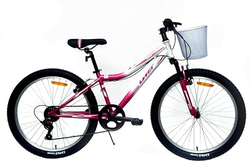 DEPORBIKES Bicicleta 24 Pulgadas niña 8-12 años | Bicicleta montaña + 7 Velocidades Shimano + Frenos V-Break + Suspensión Delantera | Resistente y Segura Ideal para niña (Rosa-Blanca)