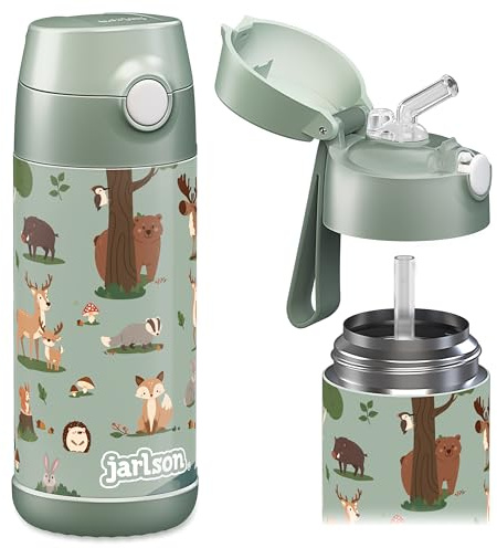 Jarlson Charli barnvattenflaska [350 ml] läckagesäker isolerad flaska med sugrör för pojkar och flickor – BPA-fri – vattenflaska i rostfritt stål för skola, förskola och sport (skogsdjur)