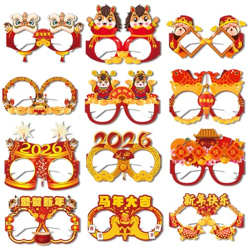 Femihua 12 Pcs Chinese New Year Glasses for Chinese New Year's Decoration 2026 Spring Festival Photo Props Dragon Party Eyeglasses for Kids Adults New Years Eve Party Supplies