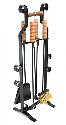Kit outils pour cheminée en fer avec poignées en bois modèle rustique 4 pièces