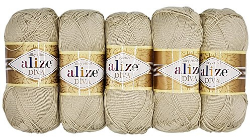 Alize 5 x 100 Gramm Wolle Diva Batik einfarbig, 500 Gramm merzerisierte Strickwolle Microfiber-Acryl (Sand 383)