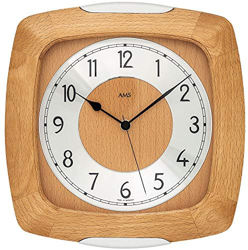 AMS 5804/18 Horloge murale radio-pilotée analogique en bois de hêtre massif avec verre