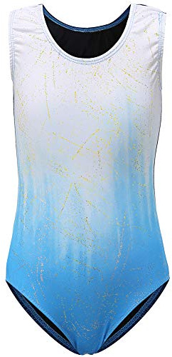 Sinoeem Ragazze Ginnastica Leotards Gradient Colour Sparkle Body Danza Ginnastica Artistica per Bambina Girocollo Senza Maniche/Maniche Lunghe per Ragazze (Blu - senza maniche, 5-6 anni)