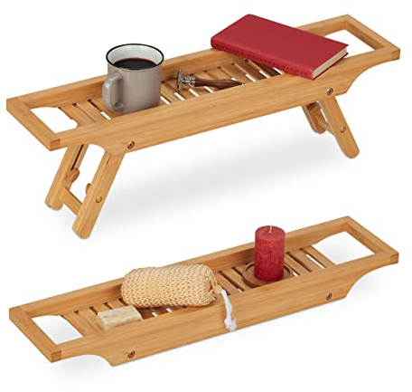 Relaxdays Pont de Baignoire, Bambou, Pieds dépliables et réglables en Hauteur, pour Votre Savon ou Livre, Nature