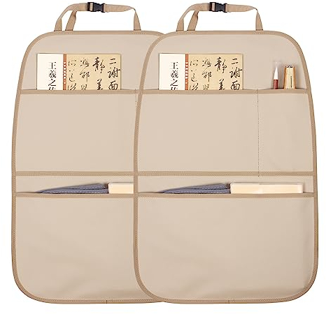 pefirst Kick Mat Back Seat Protector Waterproof Leather Car Seat Back Organizers Cover with 3 Storage Pockets for Kids Pets SUV Sedan Minivan Truck Car Travel Accessories (Beige 2-Pack)