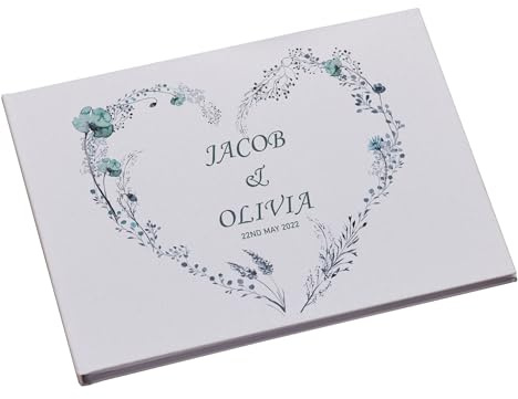 Large Personalised Wedding Guest Book Keepsakes, Signature Scrapbook, Photo Album Wedding Couple Dusty Blue Heart