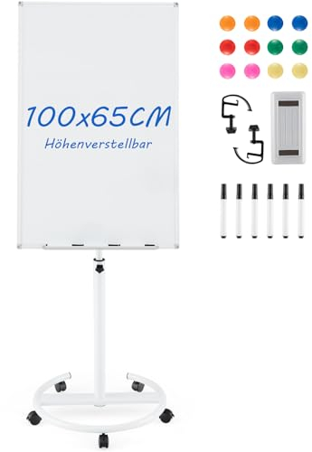 COSTWAY Flipchart Ständer, 100x65cm, Mobiles Whiteboard auf Rollen, höhenverstellbar bis 192cm, trocken abwischbar, magnetisch, Flip Chart mit rundem Ständer, Magneten, Markern & Radierer, Weiß