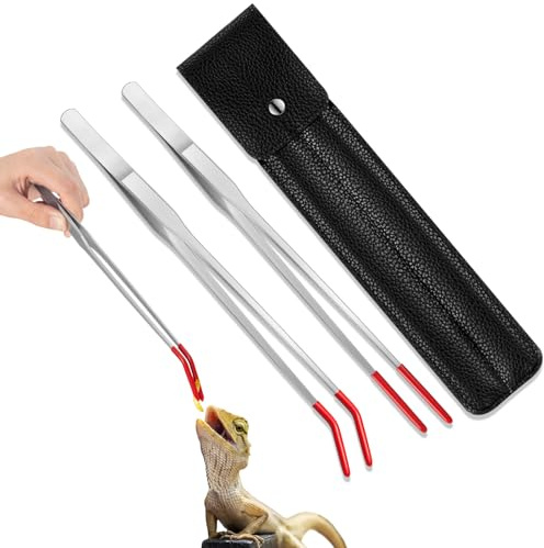 Lasnten 2 Pack Stainless Steel Reptile Feeding Tongs with Rubber Tip - 10.5 & 10 Extra Long Straight and Curved Tweezers with Storage Bag for Bearded Dragons Lizards Aquarium Terrarium Tank Supply
