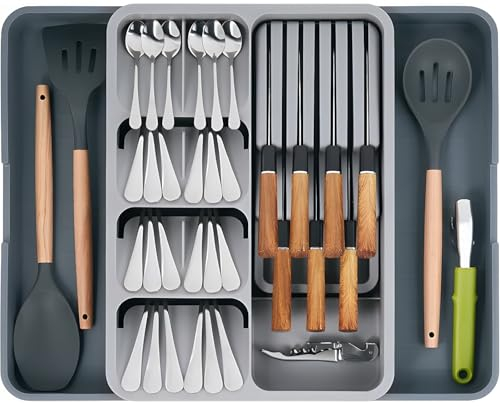 MULEVIP Portaposate da Cassetto,Porta Posate Cucina Cassetto 50 x 40 x 5cm,Organizer Posate da Cassetto,Organizzatore Cassetti con 9 a 11 Scomparti,Organizer Cassetti Cucina - Grandi - Grigio