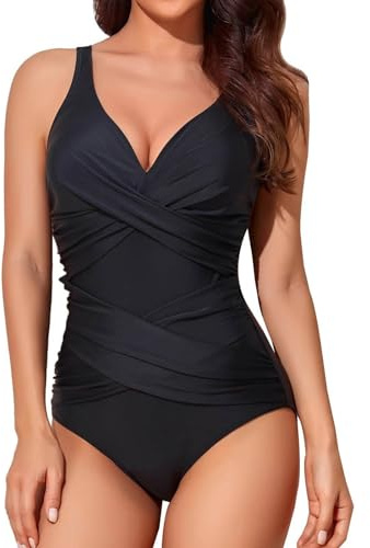Generico Costume Modellante Donna Pancia Piatta Costume da Bagno da Donna 2024 Primavera/Estate Nuovo Tinta Unita a Vita Alta Sexy con Scollo a V Aperto sul Costumi Interi Pancia Piatta (Black, M)