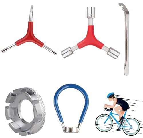 Fahrrad Speichenschlüssel Set, 5 Stücke Fahrrad Reparatur Werkzeug, Speichenspanner mit Reifenheber Speichen Werkzeug, Nippelspanner Rad Zentrierer Ventilschlüssel Y-Schlüssel Metall-Reifenheber