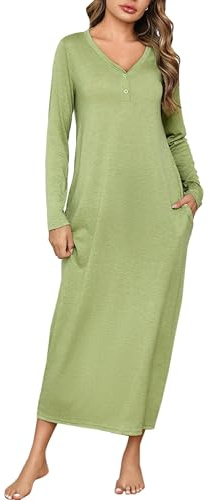 Leversic Chemise de Nuit Longue Femme Coton Manches Longues | en Coton Doux et Confortable, Cette Longue Chemise de Nuit à Manches Longues Est Idéale Pour Les Nuits Fraîches et La Détente