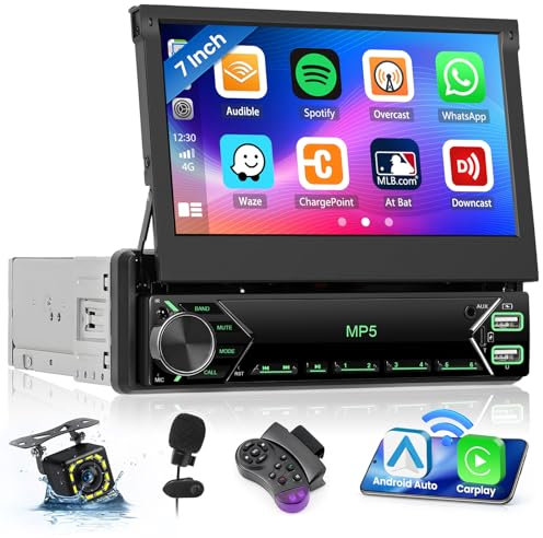 Inefala 1 Din bilradiostation med 7-tums infällbar skärm, trådlös Carplay Android Auto, Bluetooth-bilradio med USB FM SWC backkamera och mikrofon