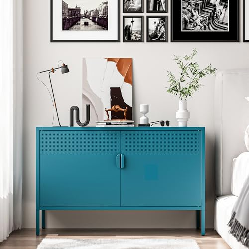 Washsemba 2 Door Storage Sideboard, Metal Storage Cabinet with 2 Adjustable Shelf,Multipurpose Metal Accent Cabinet for Office Home,Music Studio (Peacock Blue, 25''H)