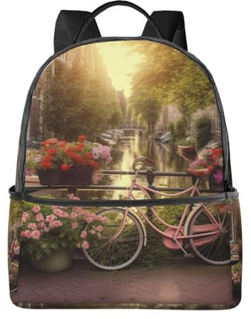 HEBSDFG Sac à dos élégant et léger pour enfants, étudiants, garçons et filles - Imprimé fleurs et vélos, Fleurs et vélos, taille unique