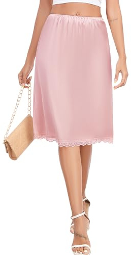Vlazom Jupon Femme Longue Satin sous-Robe avec Bordure en Dentelle Délicate Fond de Jupe Taille Élastique，Rose Clair，M