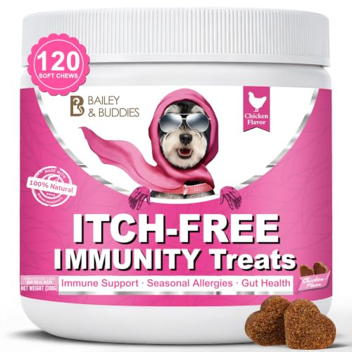 Bailey & buddies ITCH-FREE Allergy Relief Chews for Dog - 120 Soft Chews with Omega-3 and Probiotics - Soothe Itchy Skin, Paws, Ears -Seasonal Allergy Support for Scratching, Itching and Hot Spots