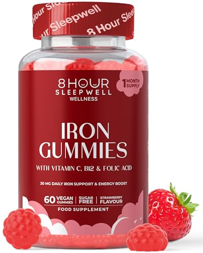 Iron Gummies – Sugar-Free & Vegan | High Strength 20mg for Energy, Immunity | with Vitamin C, B12 & Folic Acid | Alternative to Iron Tablets & Drops | Supplements for Women & Men | 1 Month Supply