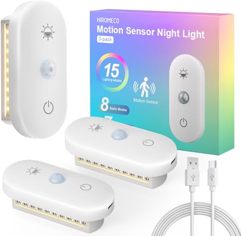 Hiromeco Nachtlicht mit Bewegungsmelder Akku: 3er Set Aufladbar Treppenlicht mit Bewegungsmelder - USB LED Nachtlampe Kinder mit 15 Modi - Beidseitige Innen Beleuchtung für Treppe, Flur, Wohnzimmer