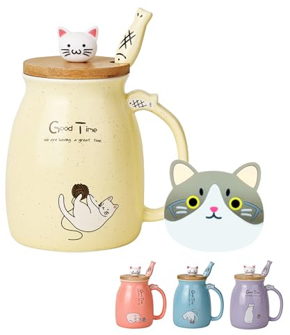 Bonita Taza de Gato Kawaii de Cerámica Taza de Café con Tapa de Madera de Gatito y Adorable Cuchara de Acero Inoxidable Taza Matutina Novedosa Tazas de Animales Japoneses Regalos de Navidad y