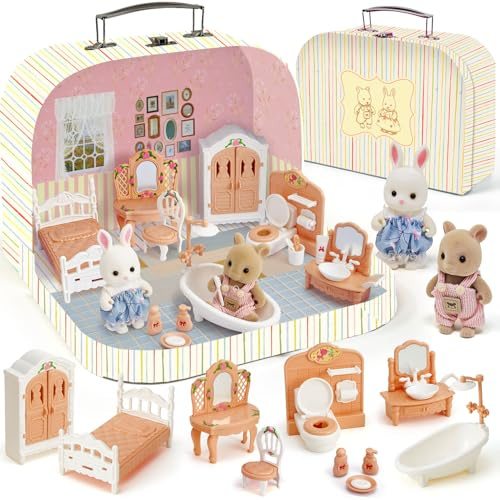 TinkerPlay Maison de Poupée Valise Chambre et Salle de Bain Miniature House Maison avec Meubles Miniatures, Accessoires DIY et 2 Figurines Flexibles Jeu de Rôle Cadeau Anniversaire Noël pour Enfants