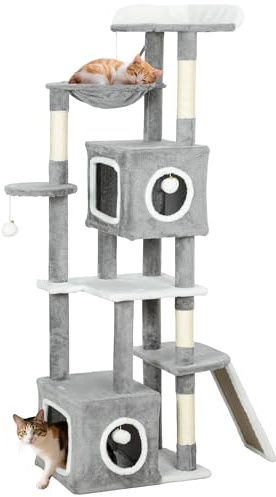 PawHut Arbre à Chat Hauteur 165 cm avec griffoir et poteaux en sisal, Tour de Jeux pour Chats, Centre d'activités avec 2 niches, Plateformes, hamac, échelle et 4 Pompons, Multi-Niveaux, Gris