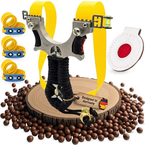 Abowllon® Set in Acciaio Inox – Dispositivo Sportivo con 1 Bersaglio in Pelle, 100 Palline di Argilla & 3 Elastici Gialli – Impugnatura ergonomica, Stabile & Resistente