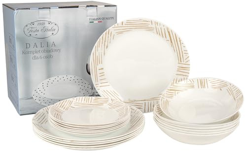 FESTA ITALIA Service Vaisselle 6 Personnes - 18 Pièces - Verre - Assiettes Service de Table - Ensemble Vaisselle de Table Moderne - Assiette et Arts de la Table - Assiettes Plates