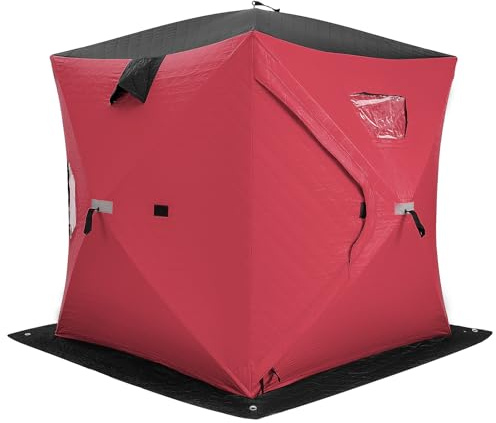 GYMAX Tente de Pêche sur Glace pour 2-4 Personnes, Parois Rembourré de Coton Résistant au Froid, Abri Extérieur d'hiver, avec Fenêtres, Porte Zippée, Sac de Transport, 190x190 x171cm (Rouge)