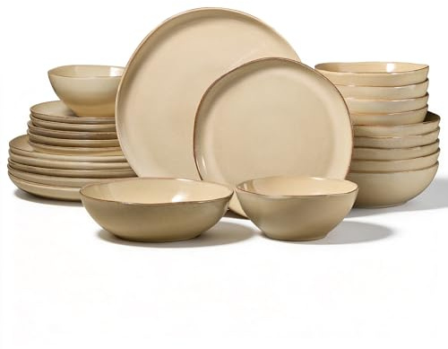 Onader 24 Piece Reactive Glaze Dinner Set for 6 People, Khaki | Porcelain Dinner Sets, Irregular Round Stoneware Dinnerware Service for 6, Plates and Bowls, Dishwasher & Microwave Safe
