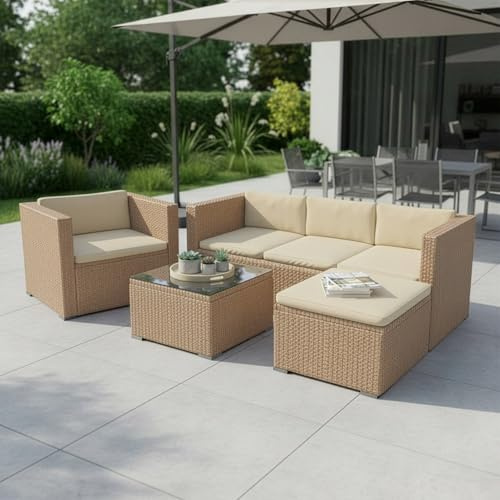 Juskys Lounge in polyrattan Punta Cana L resistente alle intemperie con divano, poltrona, sgabello, tavolo e cuscini - 4-5 persone - set di mobili da giardino lounge crema/sabbia