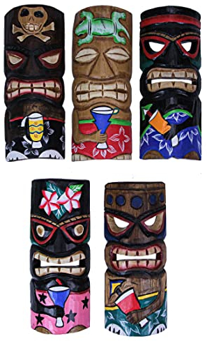 Zeckos Set of 5 Hand-Carved Polynesian Style Wooden Wall Masks - 12-Inch High Island Decor, Vibrant Hand-Painted Finish - Sustainable Wood - Perfect for Tiki Bar, Patio, BBQ Pit
