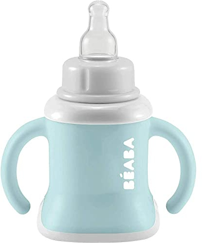 BÉABA Trinklernbecher für Babys, mit Trinkflasche/Tasse, auslaufsicher, erleichtert die Handhabung, ergonomisch, Strohhalm, 3-in-1-Erweiterungsclip, Kappe, Airy Green