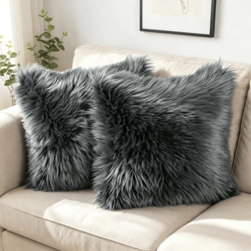 OYIMUA Soft Faux Fur Cushion Covers 45x45cm Dark Grey Set of 2 for Sofa Bed | Fluffy Decorative Pillow Covers 18x18 for Living Rooms,Bedrooms,Offices,Machine Washable,Hidden Zipper,Fade-Resistant