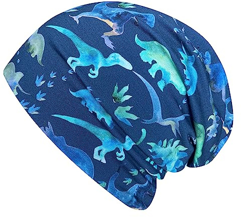 Ullkyckling ekologiskt pojkar/flickor/barn bekväm mjuk lång mössa/mössa/beanie-mössa/stickad mössa/barnmössa, jerseyfodrad övergångsperioder (ekologiskt tyger/bio) .., Dinos Blå/Grön, 52-54