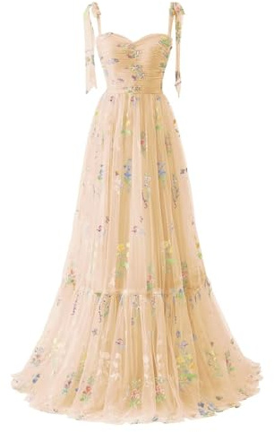 Basgute Robe de bal en tulle avec corset et broderie florale pour femme, Longues bretelles spaghetti, Robe de soirée froncée formelle, style féérique, Personnalisable, 48