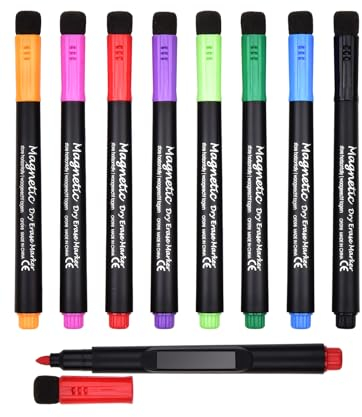 Willingood Folienstift abwischbar, 8 stück Whiteboard Marker, trocken abwischbar Whiteboard Stifte, Whiteboard Marker magnetisch, Marker mit Schwamm Rundspitze, Erase Marker mit Radiergummi
