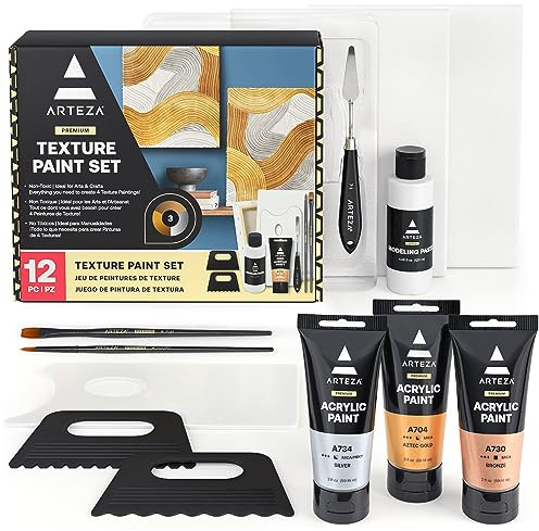 ARTEZA Ensemble de peinture acrylique de texture – Ensemble de peinture avec peintures acryliques métalliques (or, argent, bronze), toiles tendues de 20,3 x 25,4 cm, pâte à modeler et outils de