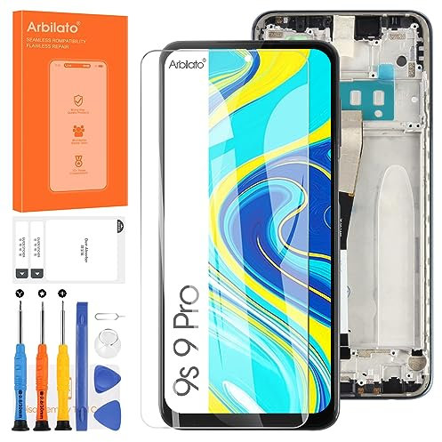 Pantalla de repuesto para Xiaomi Redmi Note 9 Pro para Redmi Note 9S LCD Screen M2003J6A1G, M2003J6B2G, digitalizador de pantalla táctil, piezas de reparación (negro con marco)