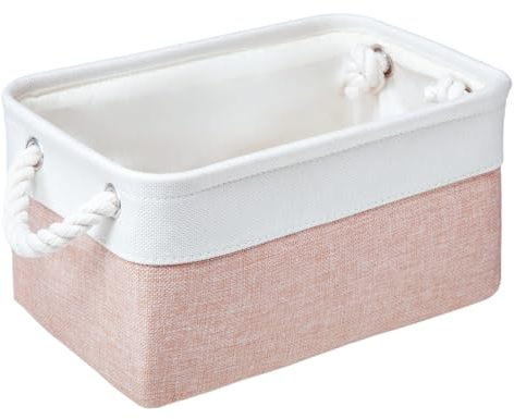PWVMWM Small Storage Box With Handles, Small Storage Baskets As Gift Basket for Toys Towels Makeup, Folding Canvas Fabric Material Storage Box for Dog Cat Toy Box, 31 X 21 X 16 cm (White Pink-1pcs)