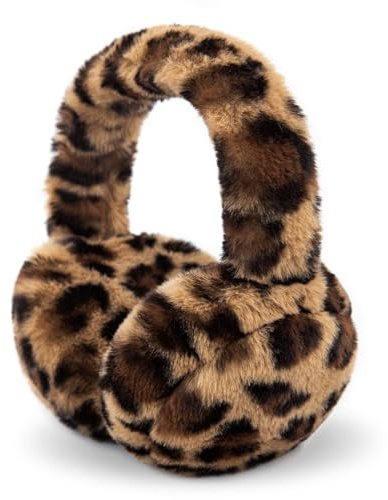 POMIJIAN Winter Ear Muffs for Women Girls Faux Fur Cute White Earmuffs Fluffy Ear Warmers Foldable Ear Covers Outdoor (Brown Leopard)