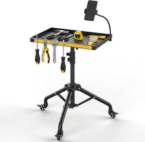 Rolling Tool cart with Magnetic Tool Holder and Phone Holder, Height Adjustable and Easy Assembly Rolling Tray, with Magnetic Ruler Strip and Phone Holder, Tool Organizer for Workshop, Garage