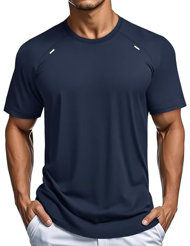 MAGCOMSEN Men's Short Sleeve Moisture Wicking Shirts Mesh Athletic Workout Shirt Running Soft Performance Tshirt Hiking Fishing Navy XXL