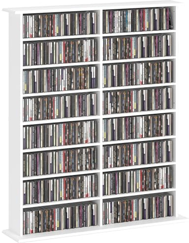 HOMCOM Rangements pour CD et DVD, meuble de rangement multimédia, capacité 720 CD/396 DVD et Blu-ray, 16 compartiments et 12 étagères réglables, pour salon, chambre, 106,5x24x126,3cm, blanc