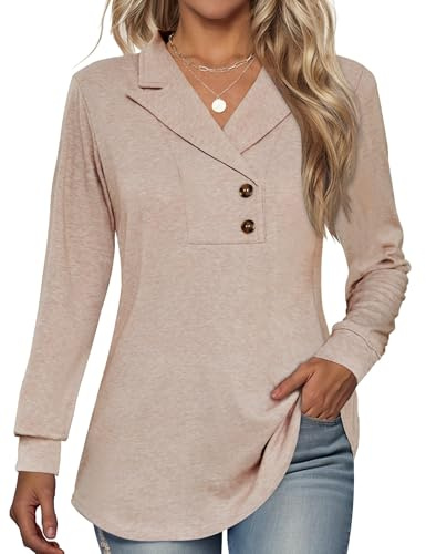 Tisfeer Damtröja långärmad toppar knapp v-ringad tunika skjortor business dressy vardaglig gunga solid pullover 2025, Aprikos, XXL