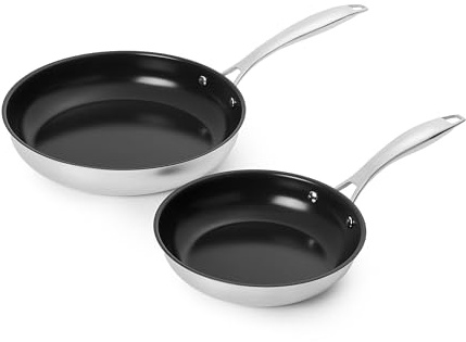 Amazon Basics 2-Piece Ceramic Non-Stick Stainless Steel Fry Pan Set, 10-Inch and 8-Inch