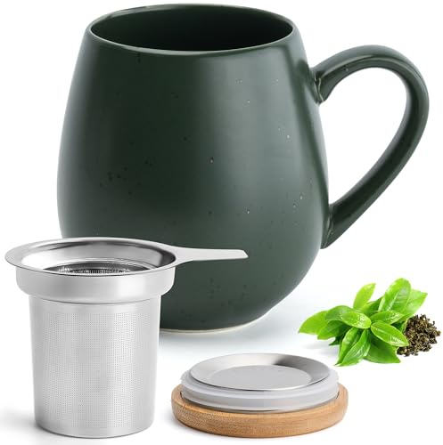 Happy Lemuro Teetasse mit Deckel und Sieb - 550 ml - Große Teetasse mit Sieb - XXL Tasse mit Deckel - Tee Tasse Groß - Tea Cup - Tee Zubehör - Tea Mug - Jumbotasse (Khaki)