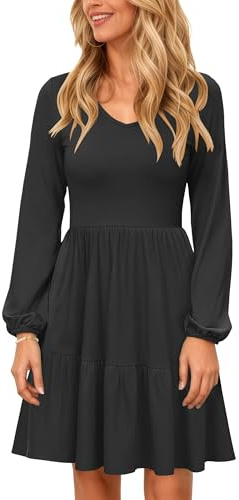 PLOKNRD Vestido de Cuello V Manga Larga de Mujer con Bolsillo Elegante Vestidos en Capas Falda Corta Casual de Otoño e Invierno