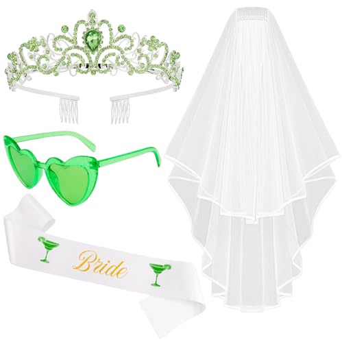 Srotmirw 4 Pcs Margs And Matrimony Bachelorette Party Decorations Green Bridal Shower Crown, Bride Sash Veil Sunglasses for Women Bachelorette Party Gifts, Bachelorette Party Supplies, Gifts, Favors