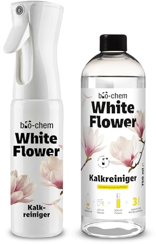 bio-chem White Flower kalkrenare koncentrat | Badrumstvätt mot kalk och vattenfläckar för badrum, dusch och armaturer | doftkomposition vit blomma | doftsprayflaska Flowra + 750 ml refill